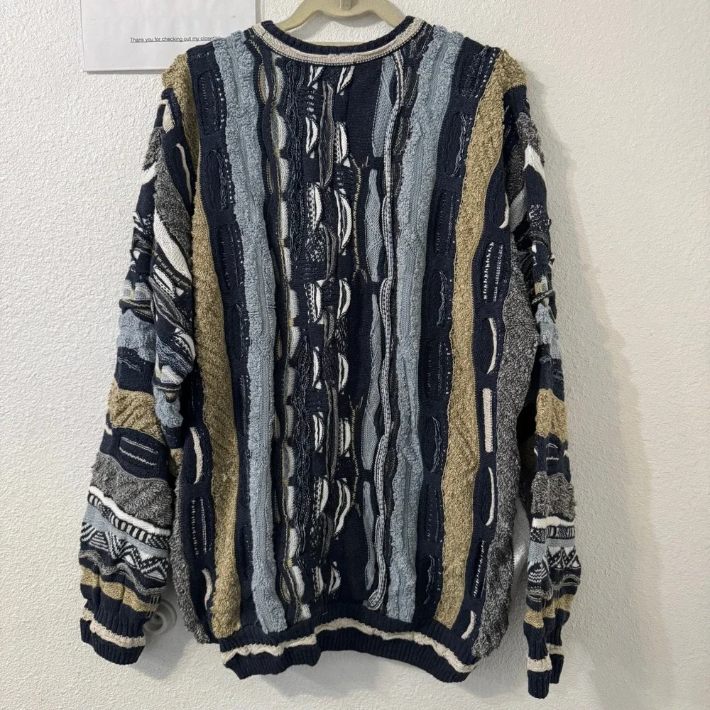 The Italian Sweater Co Mens 3D Textured Knit Sweater L‎ Blue Coogi Style 90s - Picture 4 of 6